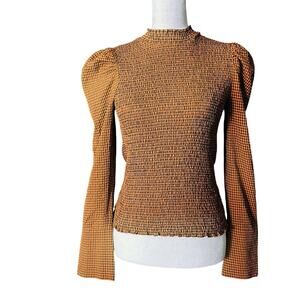 SCOTCH & SODA Top Small Smocked High Neck Gingham Check Print Brown Cottagecore‎